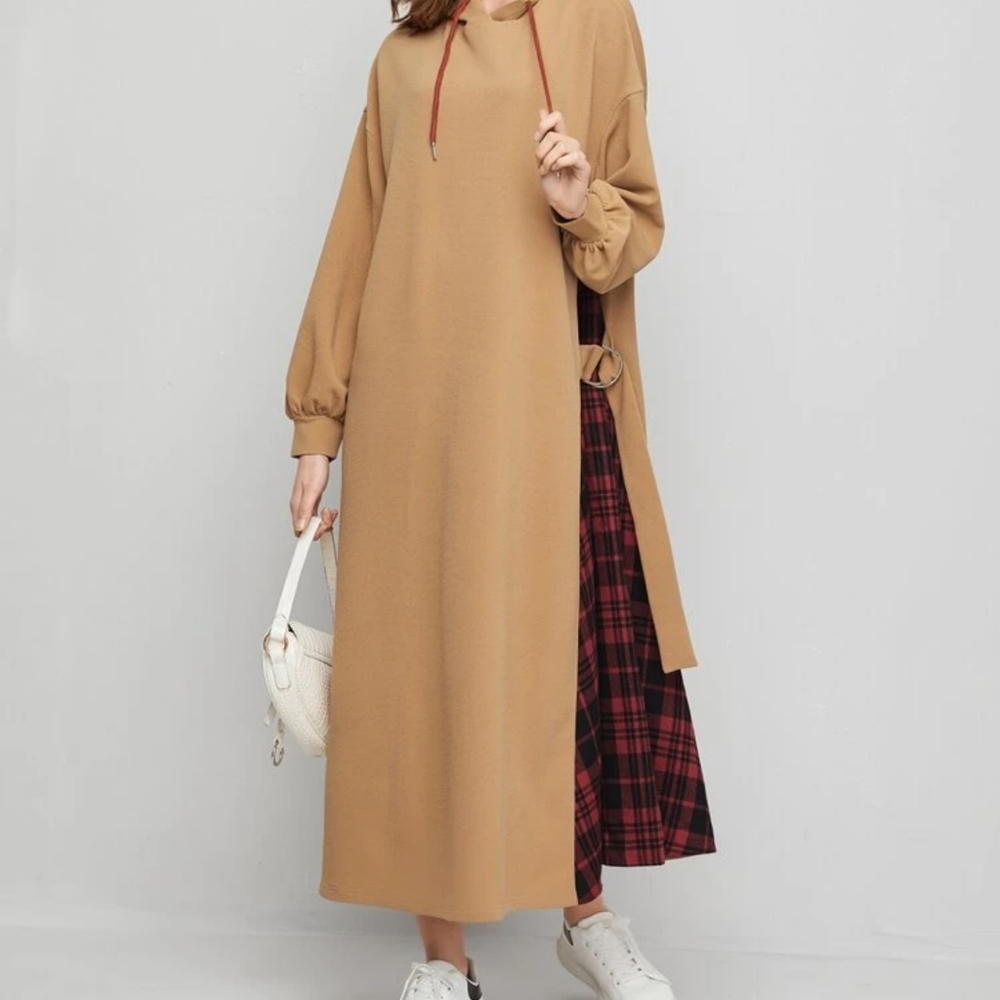 Strap Side Contrast Tartan Panel Hooded Dress